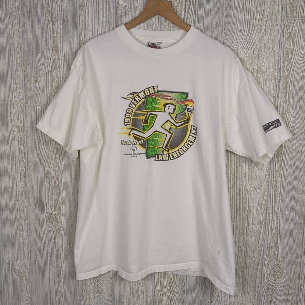 Vintage 1999 Oneita Menâs Xl Law Enforcement Torch Run Vermont T-Shirt White
